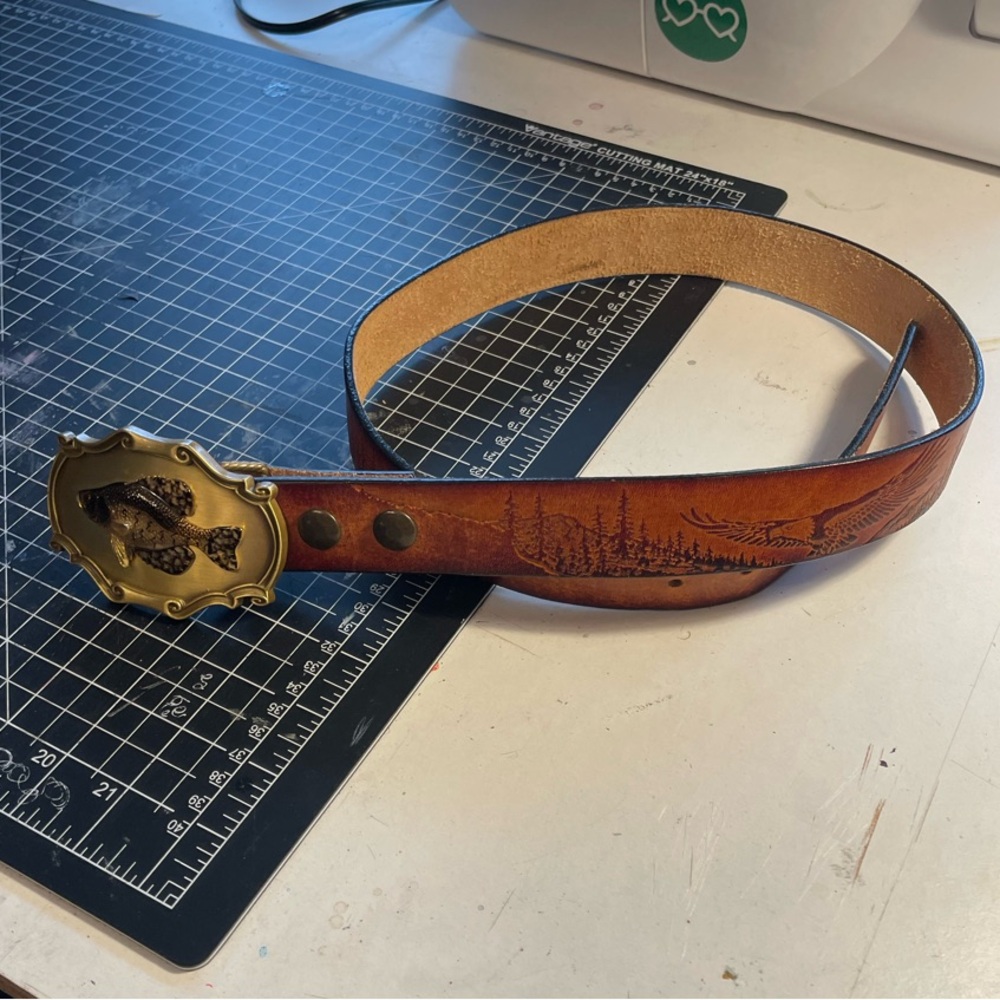 Vintage Leather Belt with Fish Buckle - size 40